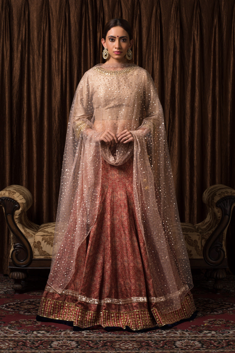 Nizam Printed Rust Brown Lehenga Set