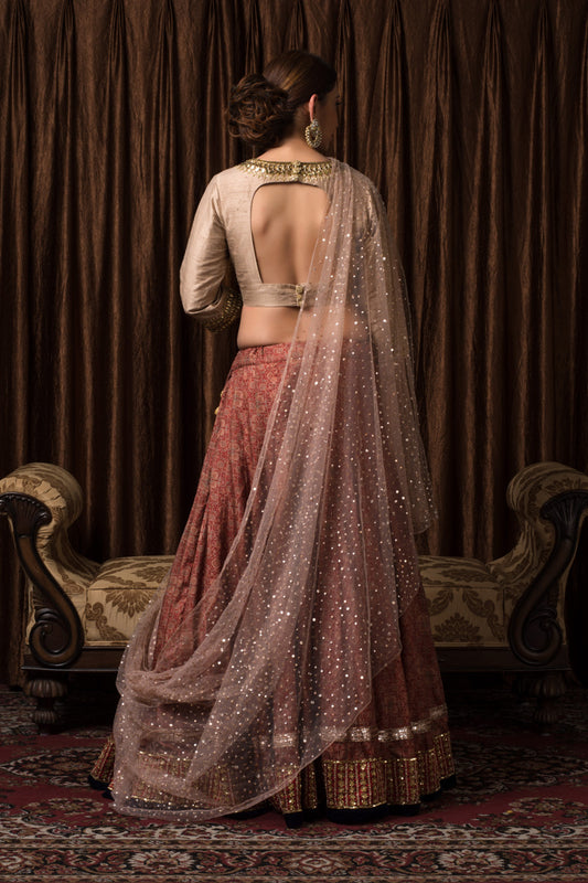 Nizam Printed Rust Brown Lehenga Set