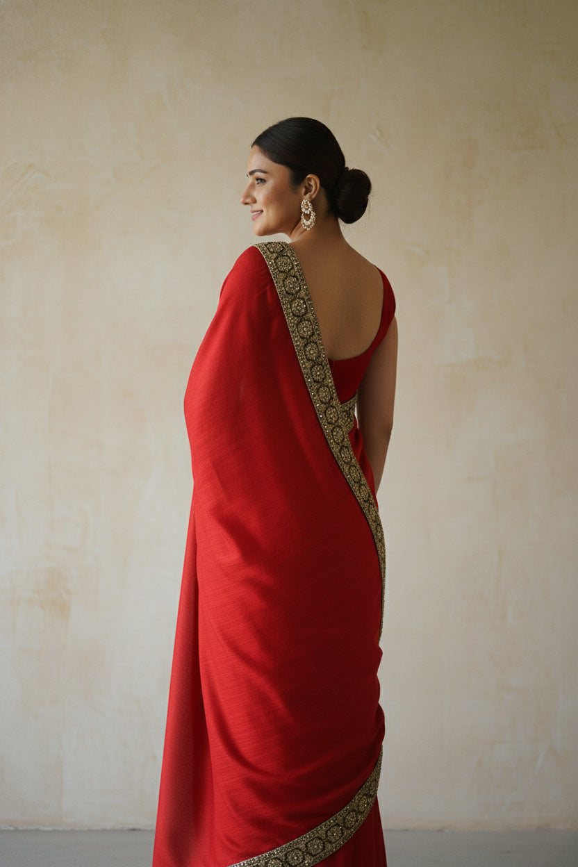 Crimson Red & Emerald Green Silk Sari