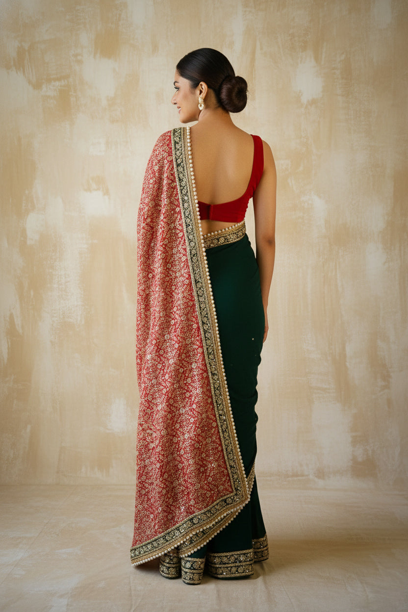 Red & Emerald Green Embellished Sari