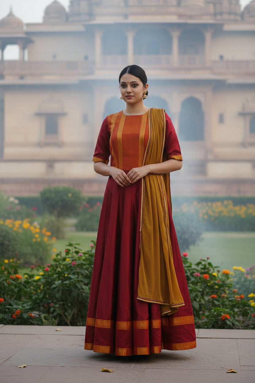 DEEP RED & ORANGE SILK KALIDAR KURTA SET