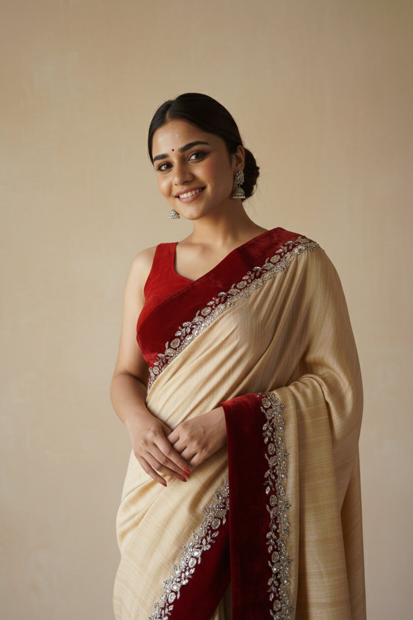 Butter Beige Soft Slub Rawsilk Sari