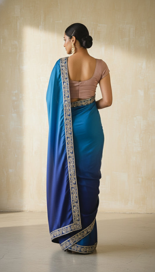 Ocean Blue Ombre Silk Satin Saree