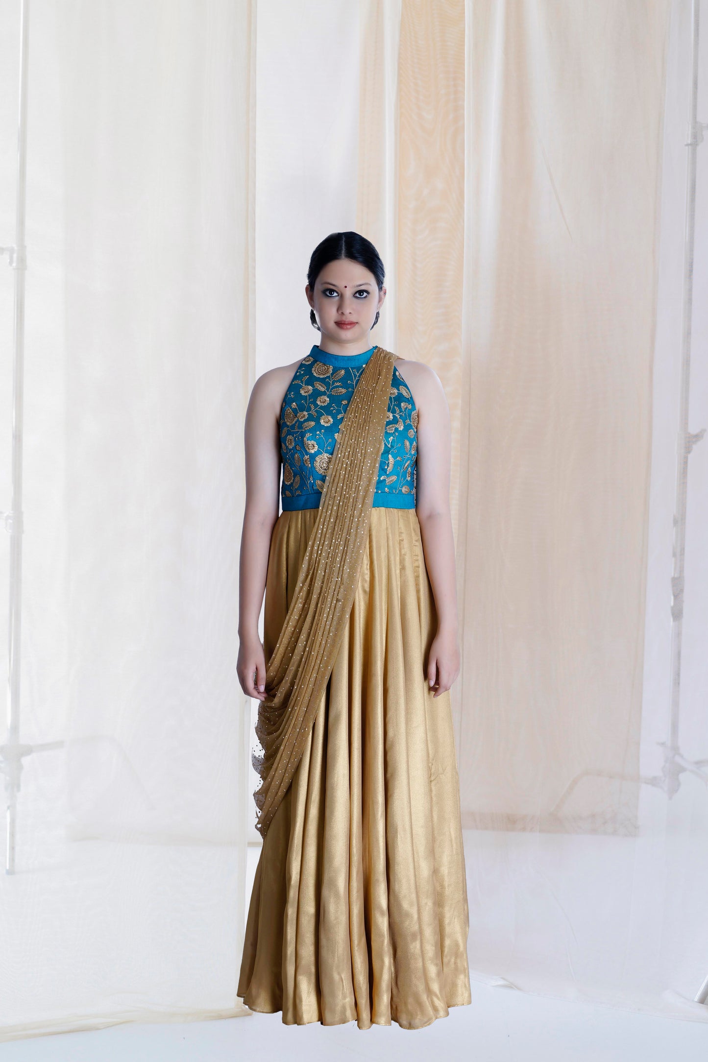 GOLD SHIMMERED PRE DRAPED KURTA SET