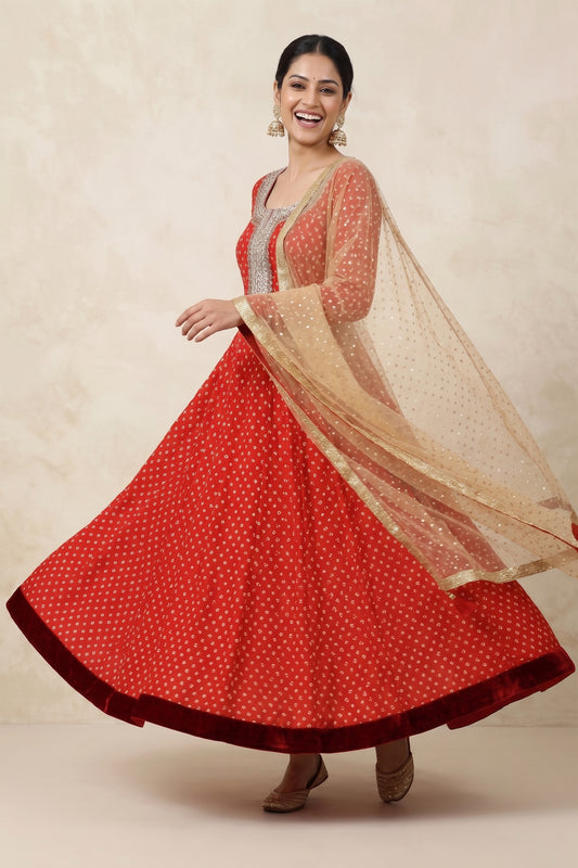 BRIGHT RED SOUTH INDIAN KALIDAR SET