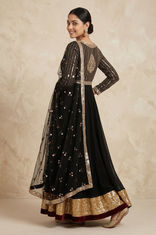 BLACK IKAT STARRY KALIDAR KURTA SET