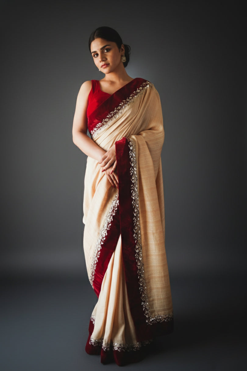 Butter Beige Soft Slub Rawsilk Sari