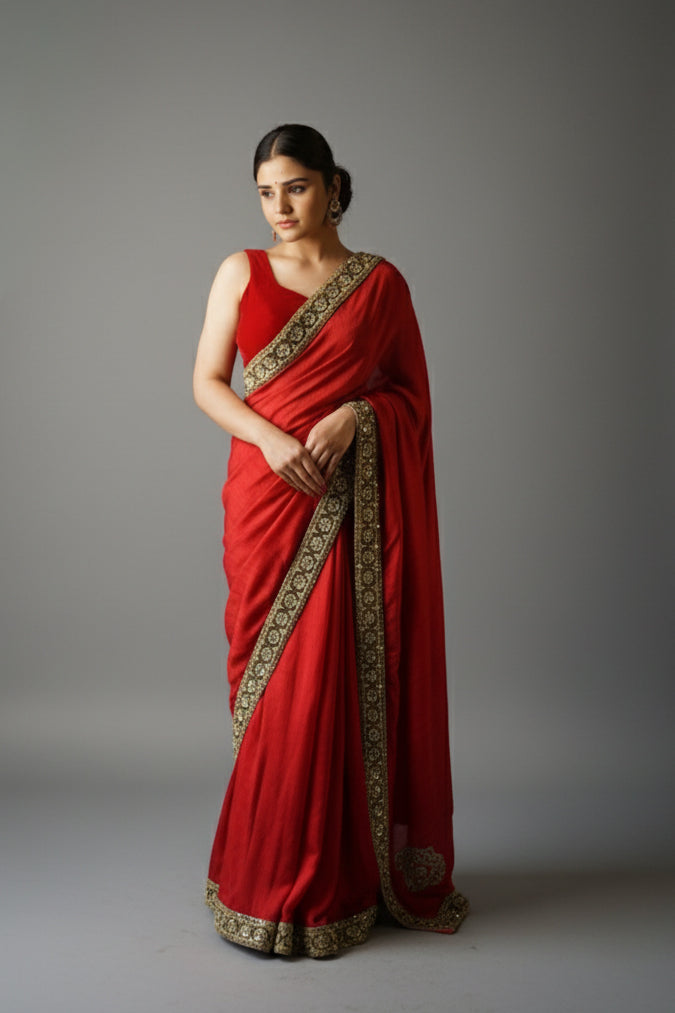 Crimson Red & Emerald Green Silk Sari