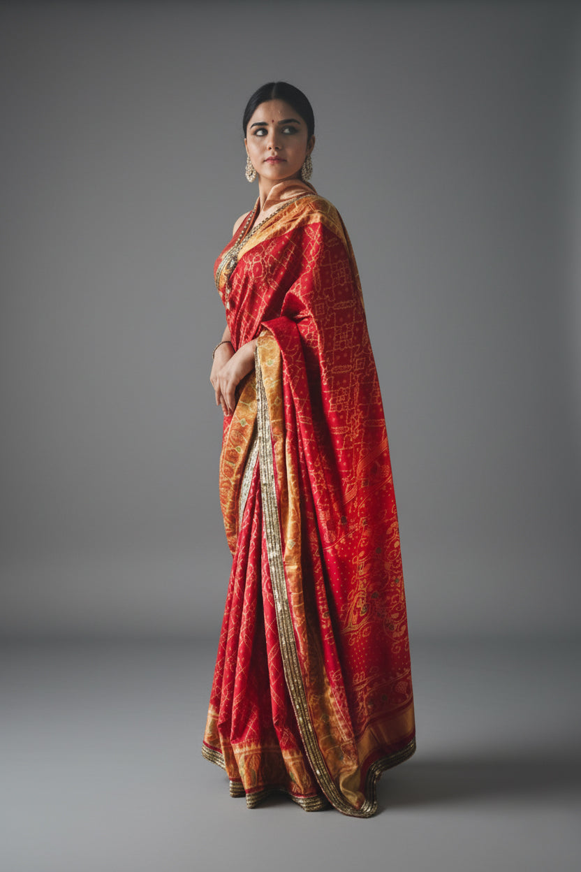 Crimson Red Ikat Silk Sari