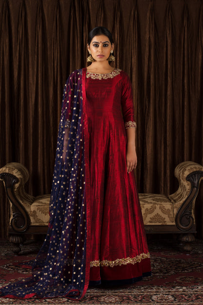 CRIMSON RED PURE SILK KALIDAR SET