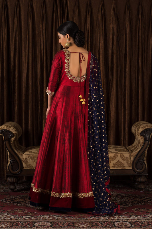 CRIMSON RED PURE SILK KALIDAR SET