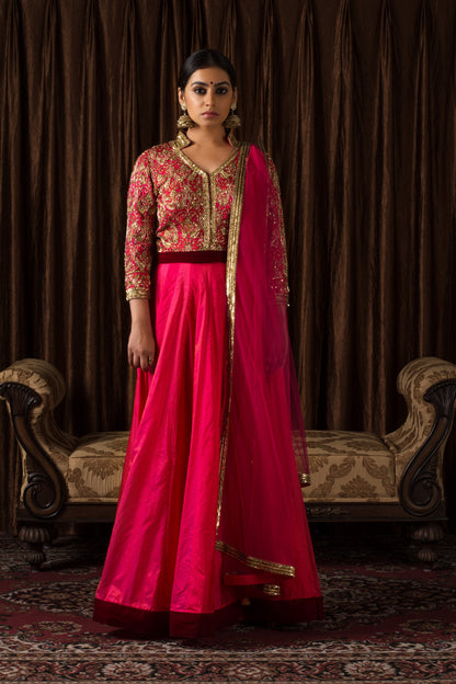 BRIGHT PINK SILK KALIDAR SET