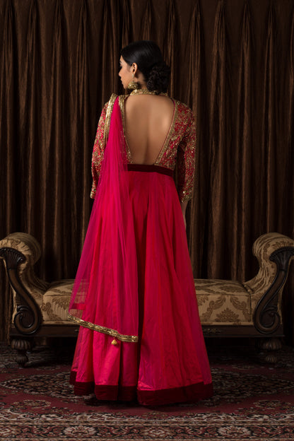 BRIGHT PINK SILK KALIDAR SET