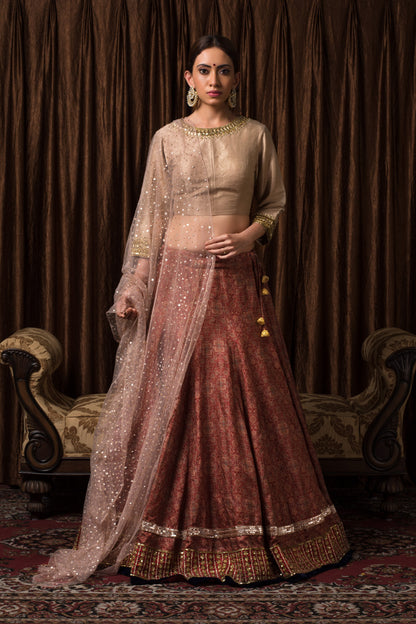 Nizam Printed Rust Brown Lehenga Set
