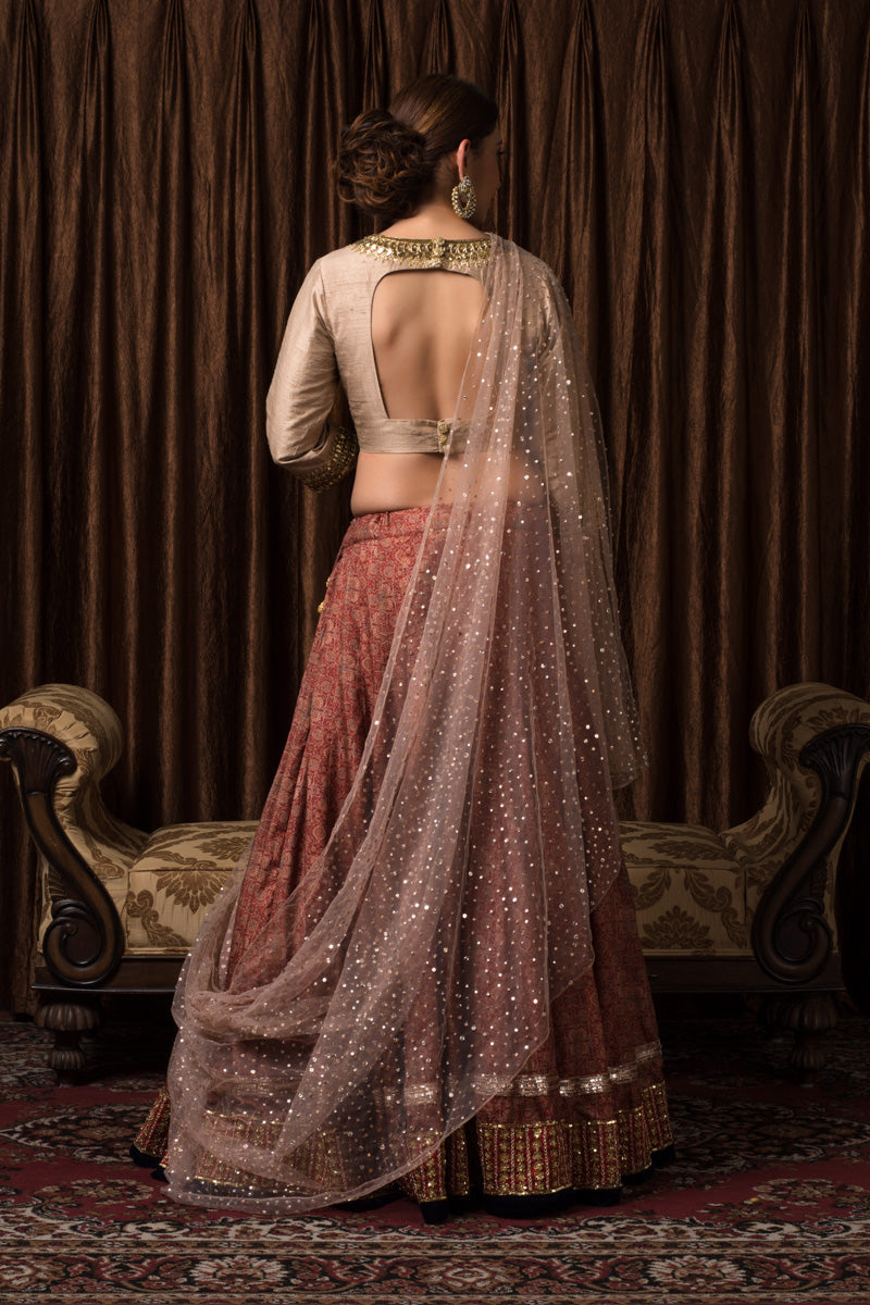 Nizam Printed Rust Brown Lehenga Set
