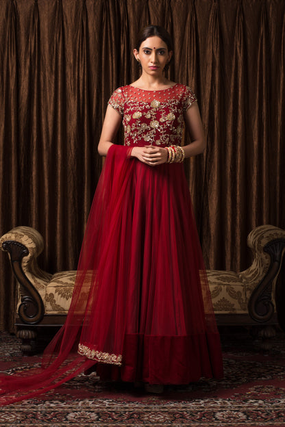 TULE CRIMSON RED KALIDAR KURTA SET