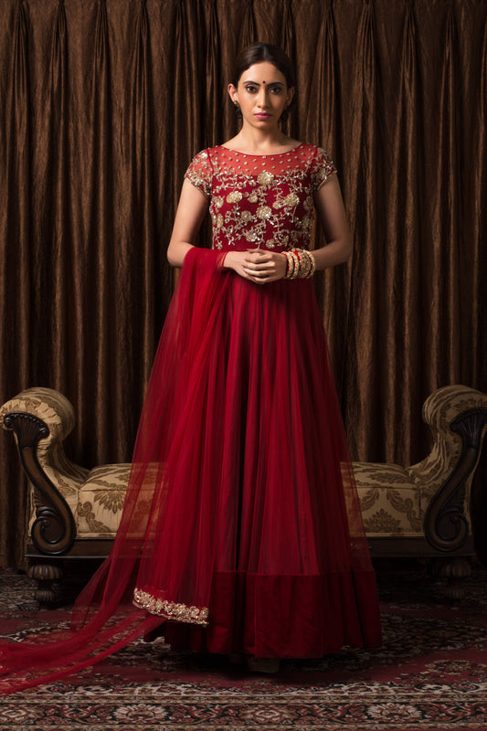 TULE CRIMSON RED KALIDAR KURTA SET