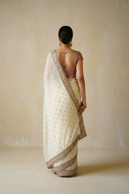 Ivory & Old Rose Tissue Georgette Sari