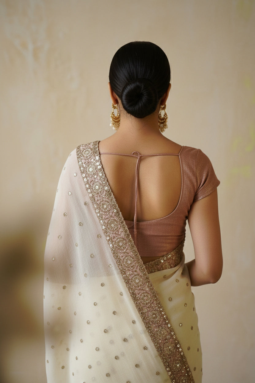 Ivory & Old Rose Tissue Georgette Sari