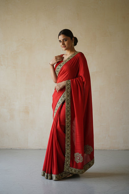 Crimson Red & Emerald Green Silk Sari