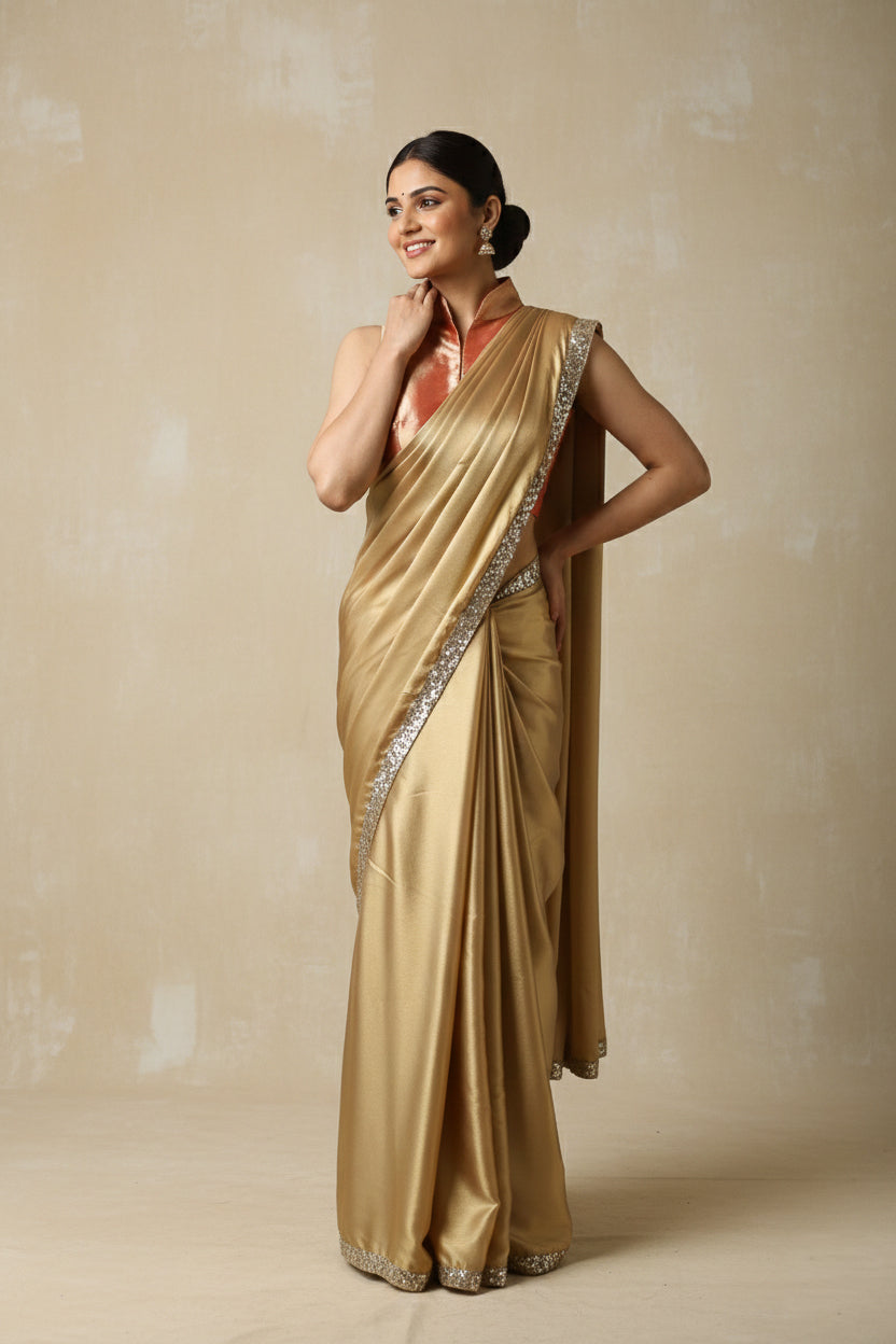 Champagne Gold Chiffon Sparkle Sari