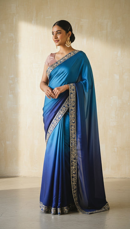 Ocean Blue Ombre Silk Satin Saree
