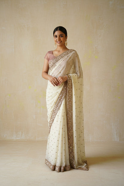 Ivory & Old Rose Tissue Georgette Sari