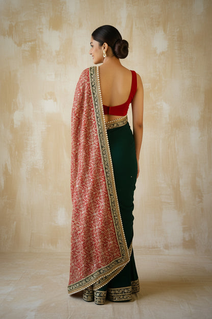 Red & Emerald Green Embellished Sari