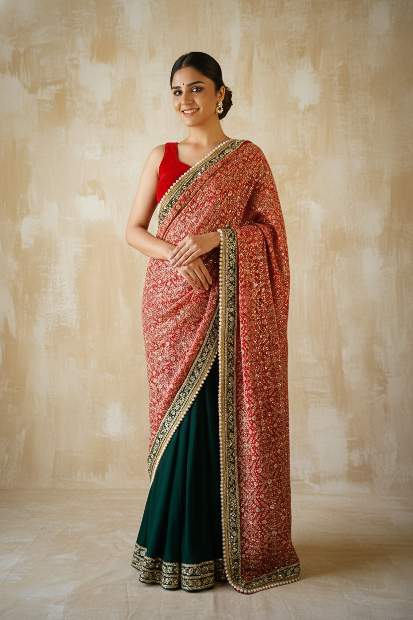 Red & Emerald Green Embellished Sari