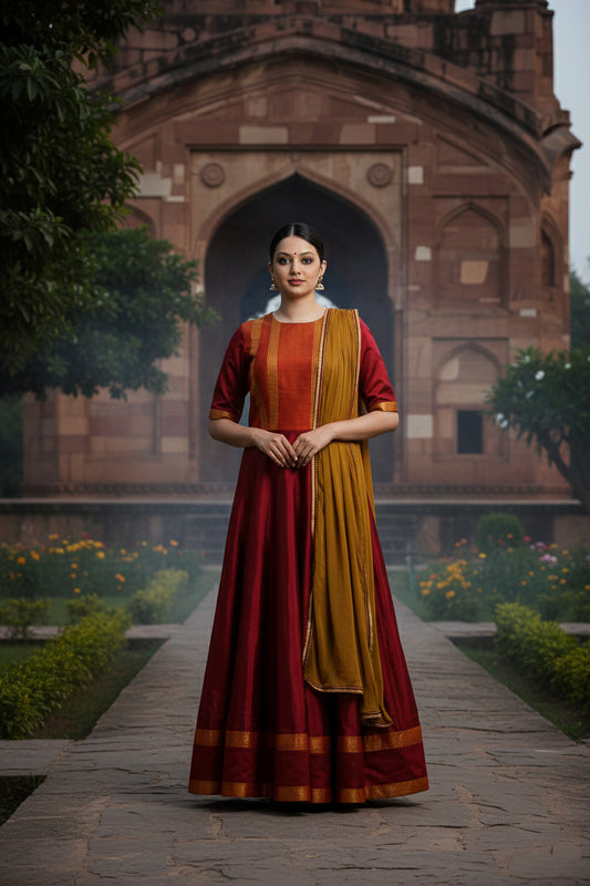 DEEP RED & ORANGE SILK KALIDAR KURTA SET