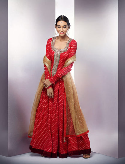 BRIGHT RED SOUTH INDIAN KALIDAR SET