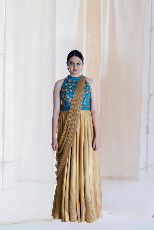 GOLD SHIMMERED PRE DRAPED KURTA SET