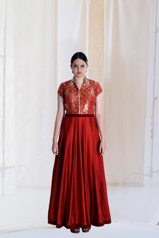 DEEP RED SILK KALIDAR KURTA SET