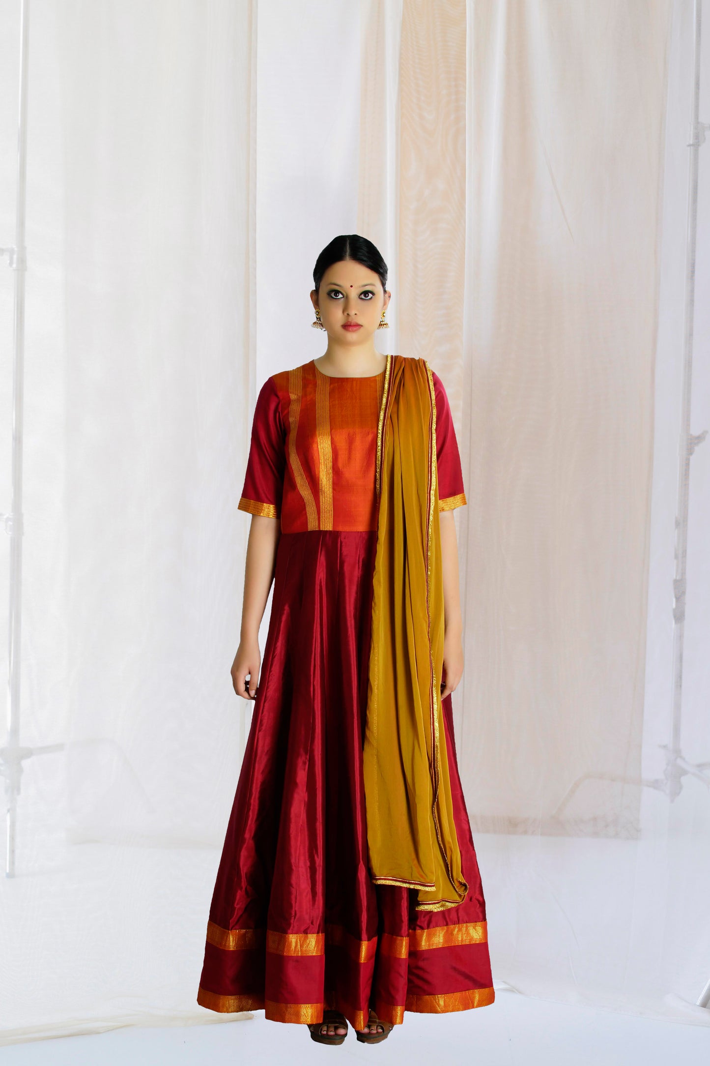 DEEP RED & ORANGE SILK KALIDAR KURTA SET