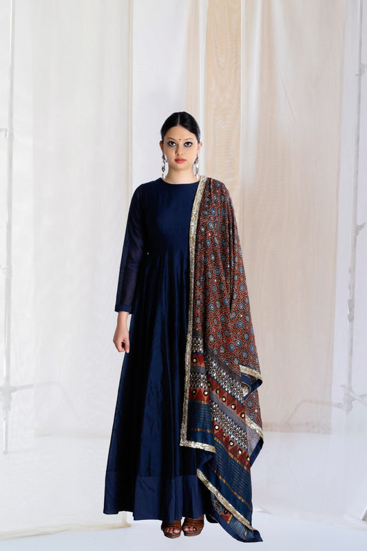 NAVY BLUE CHANDERI SILK KALIDAR WITH AJRAKH EMBELLISHED DUPATTA
