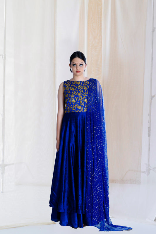 ROYAL BLUE LAYERED SILK KALIDAR SET