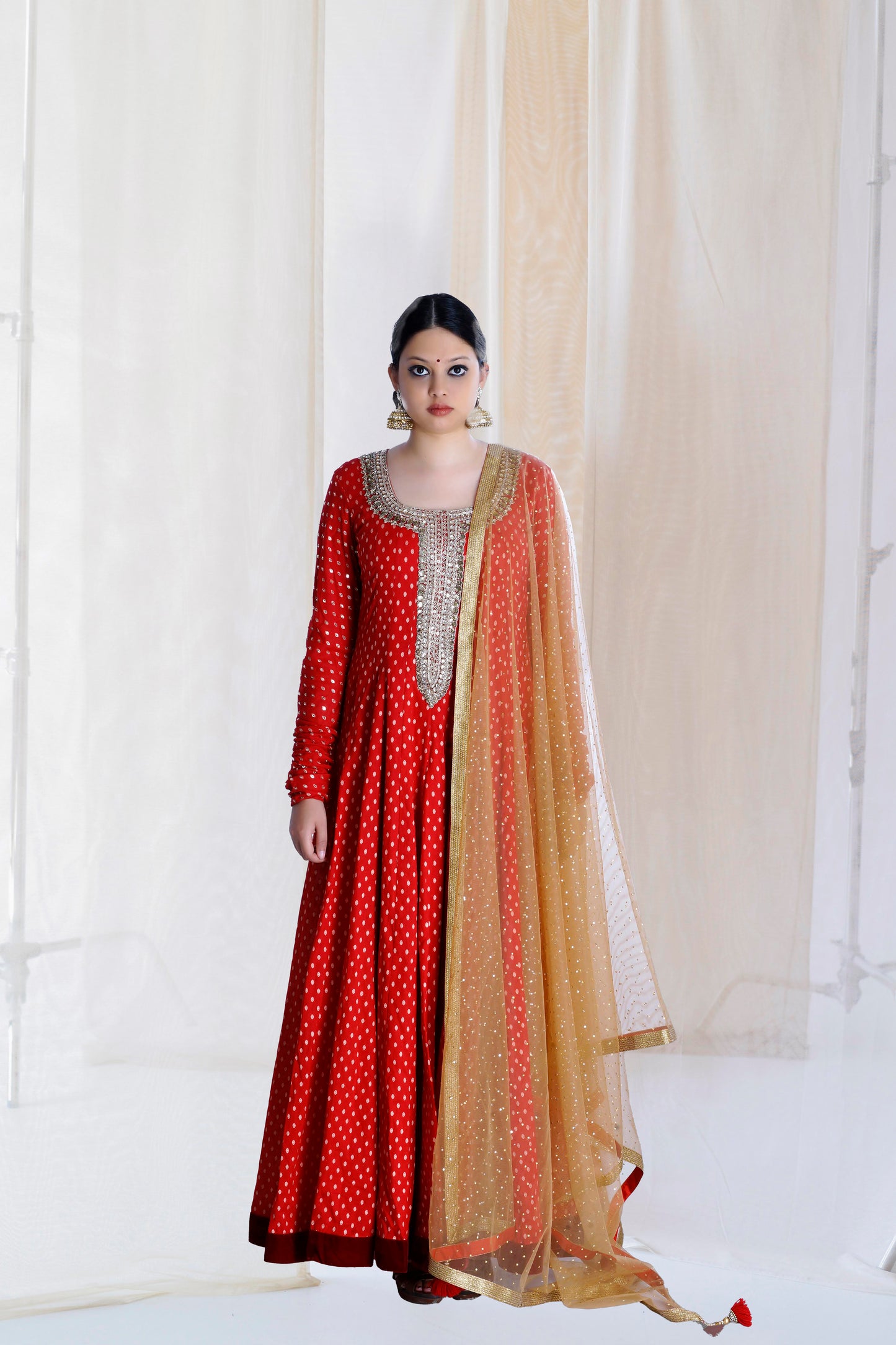 BRIGHT RED SOUTH INDIAN KALIDAR SET