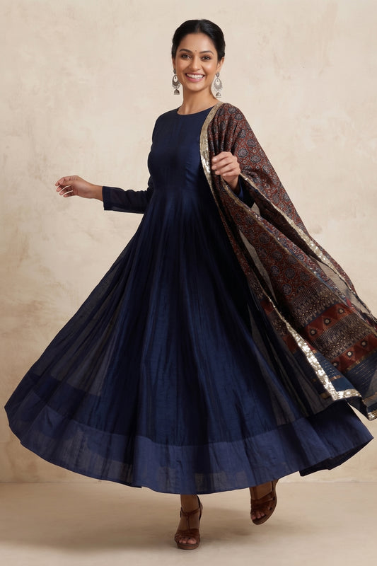 NAVY BLUE CHANDERI SILK KALIDAR WITH AJRAKH EMBELLISHED DUPATTA
