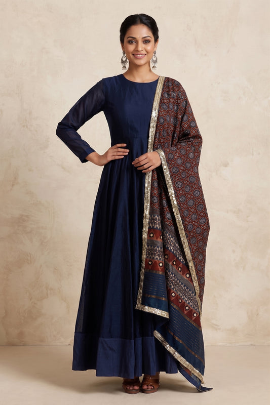 NAVY BLUE CHANDERI SILK KALIDAR WITH AJRAKH EMBELLISHED DUPATTA