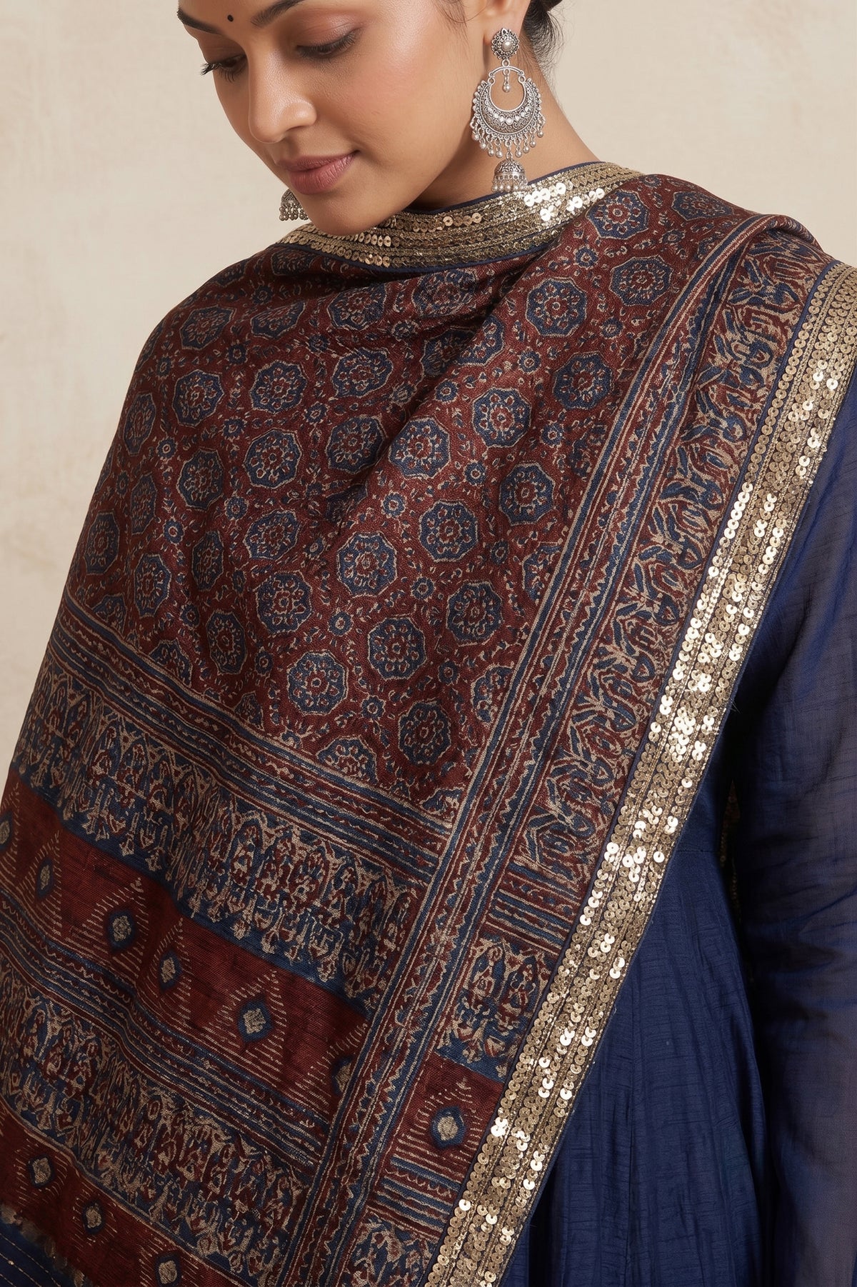 NAVY BLUE CHANDERI SILK KALIDAR WITH AJRAKH EMBELLISHED DUPATTA
