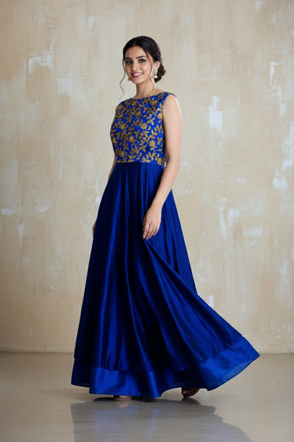 ROYAL BLUE LAYERED SILK KALIDAR SET