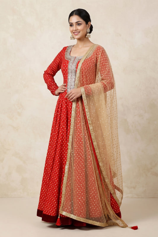BRIGHT RED SOUTH INDIAN KALIDAR SET