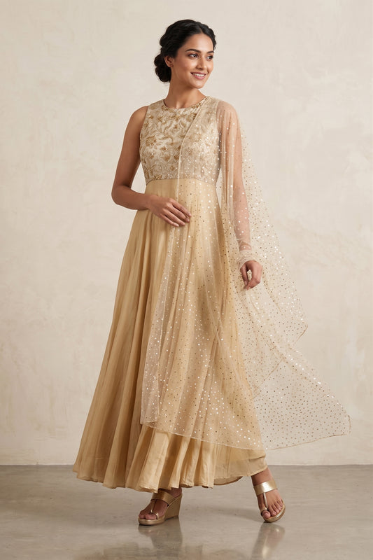 BEIGE & GOLD KALIDAR KURTA SET