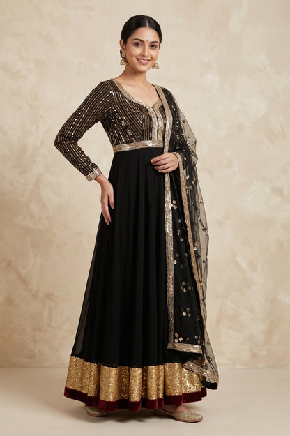 BLACK IKAT STARRY KALIDAR KURTA SET