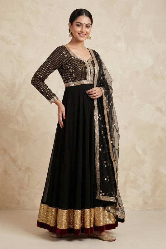 BLACK IKAT STARRY KALIDAR KURTA SET