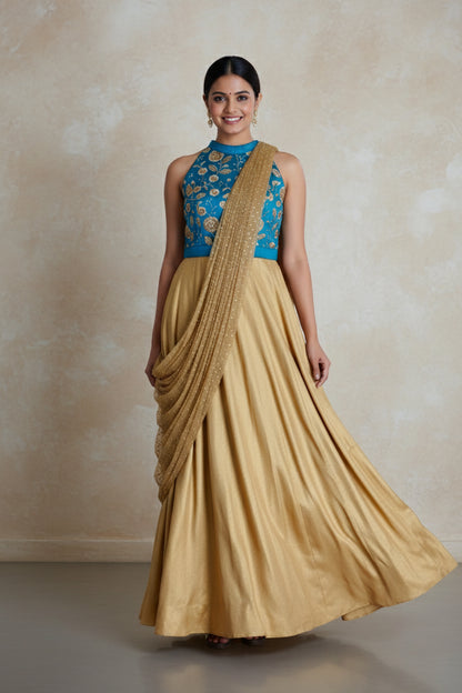 GOLD SHIMMERED PRE DRAPED KURTA SET