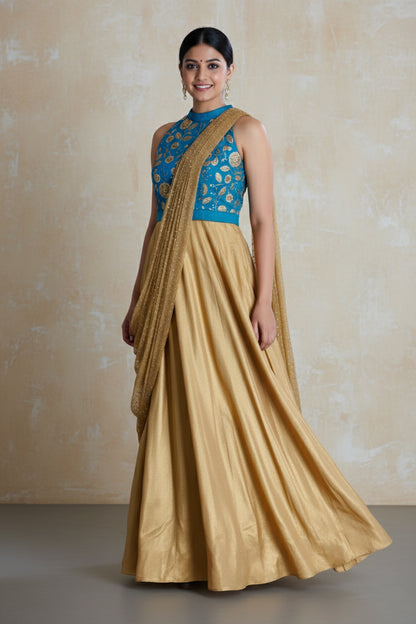 GOLD SHIMMERED PRE DRAPED KURTA SET