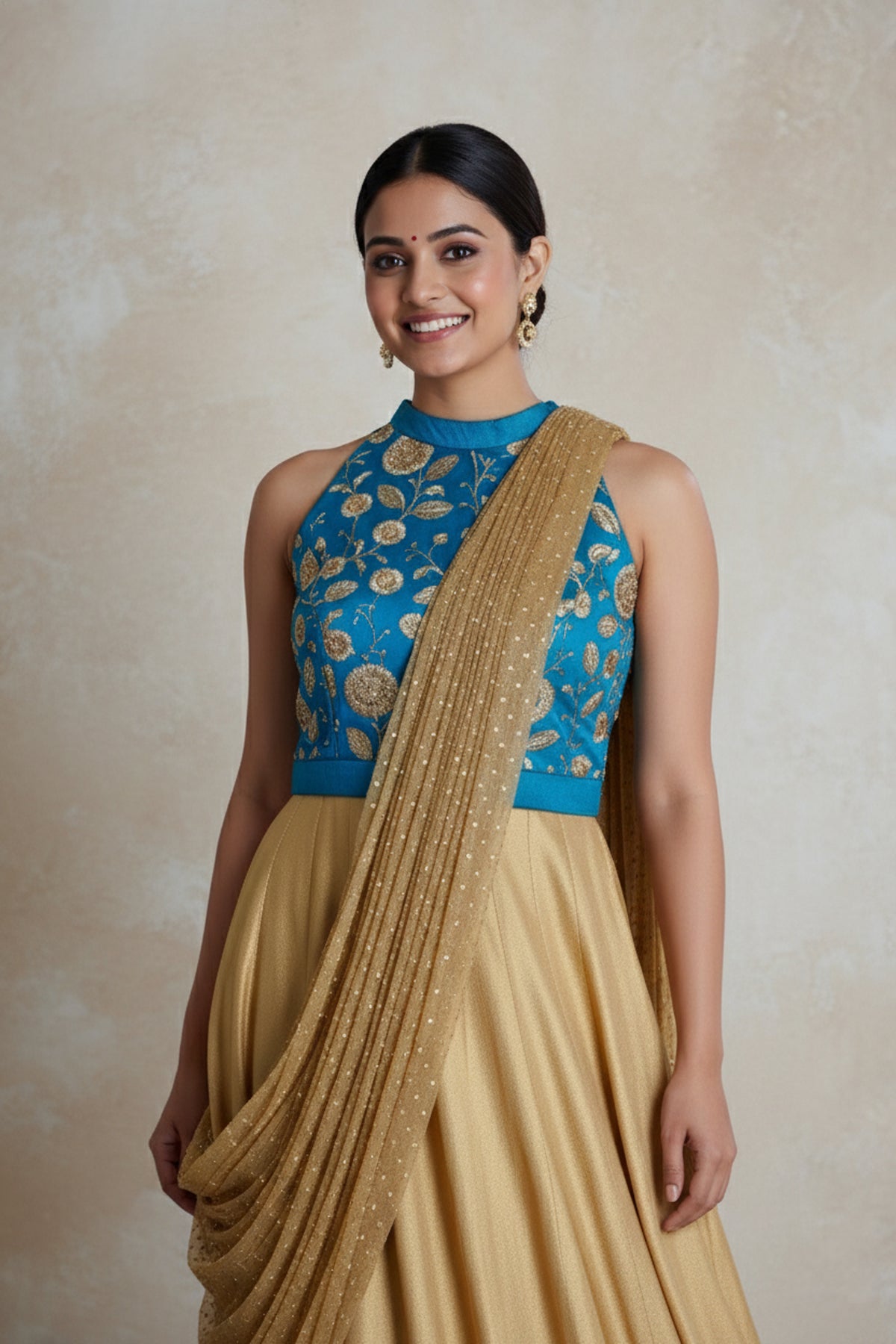 GOLD SHIMMERED PRE DRAPED KURTA SET