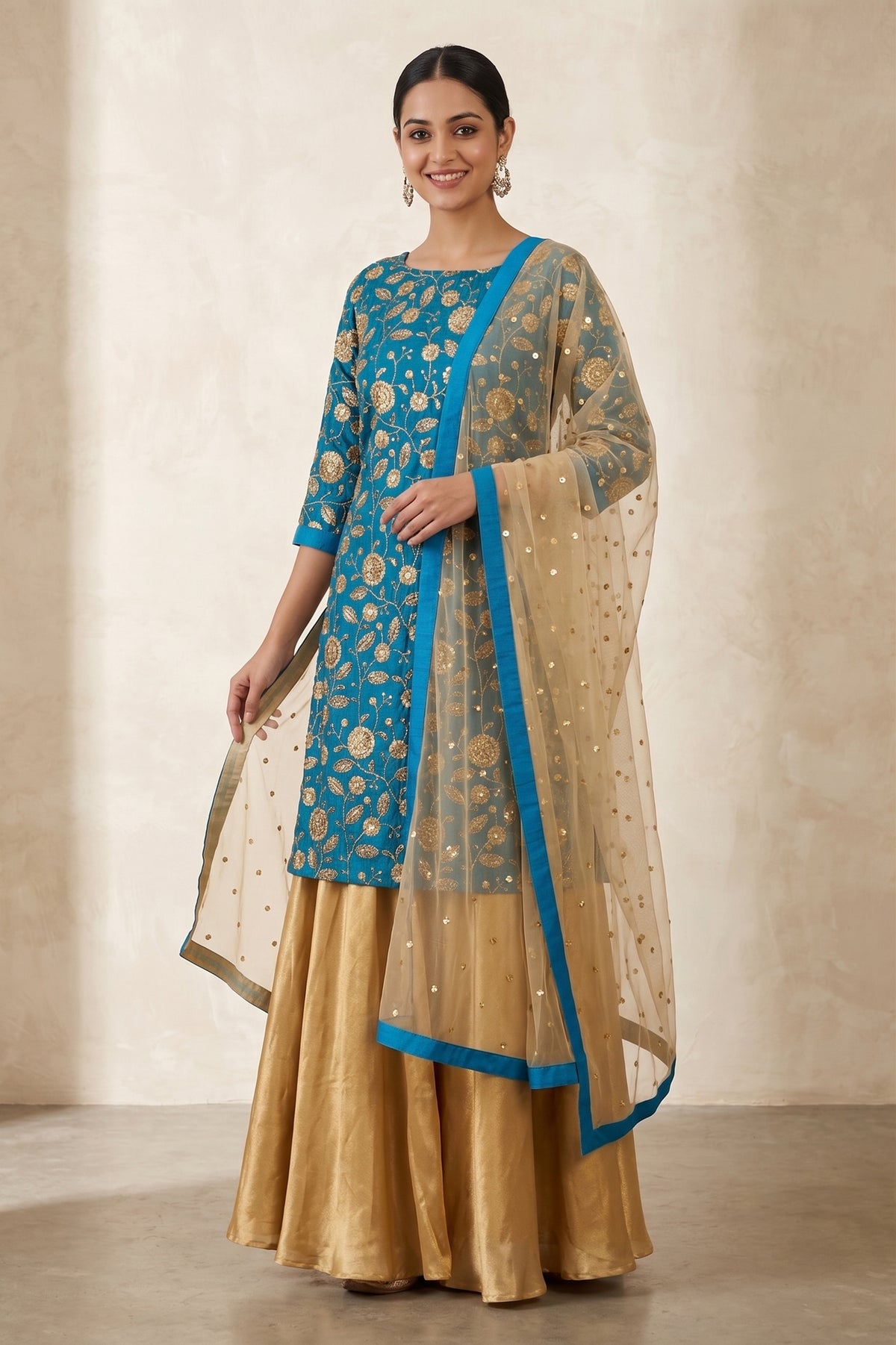 TURQUOISE AND GOLD SHIMMERED KURTA SET