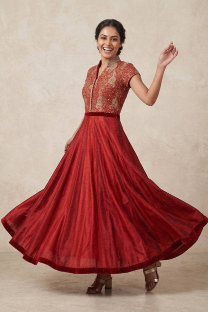 DEEP RED SILK KALIDAR KURTA SET